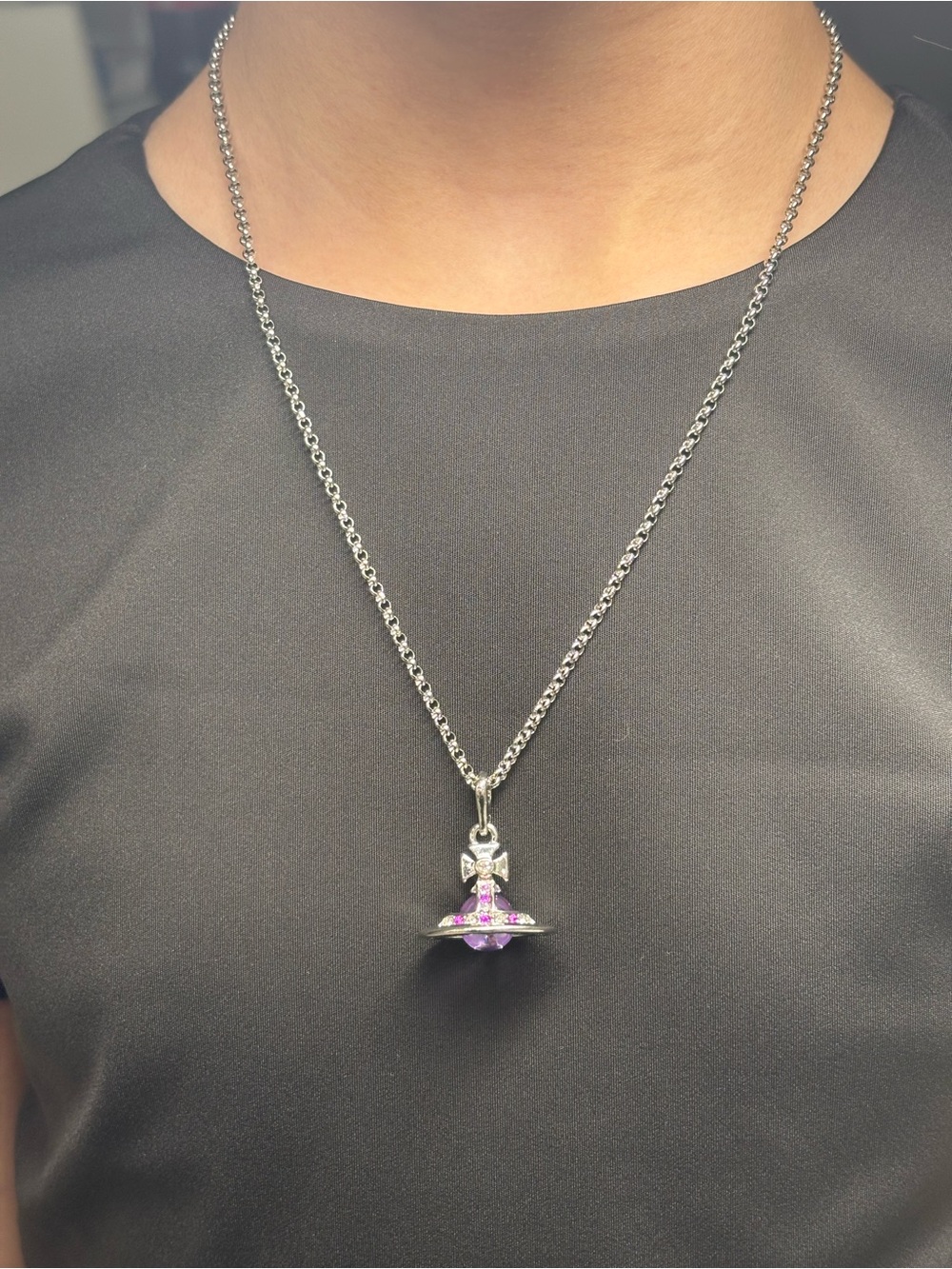 Silver-tone Pendant Necklace with Purple Crystal Orb